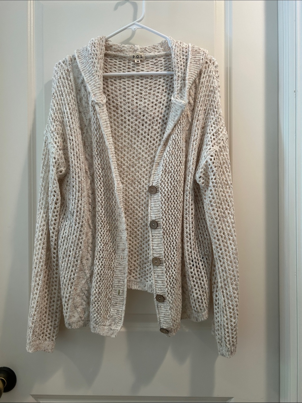 Anthropologie POL Knit Openwork Button Down Hooded Cardigan Sweater size M Cream